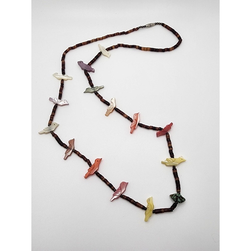 Southwestern Carved Bird Fetish Heishi Bead Necklace Multicolor Boho Turquoise - Picture 2 of 8